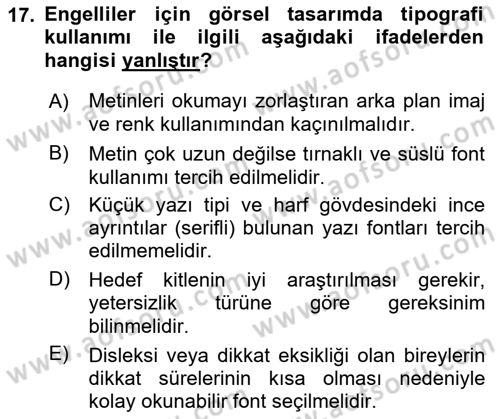 Engellilik Ve Erişilebilir Tasarım Dersi Ara Sınavı Deneme Sınav Soruları 17. Soru