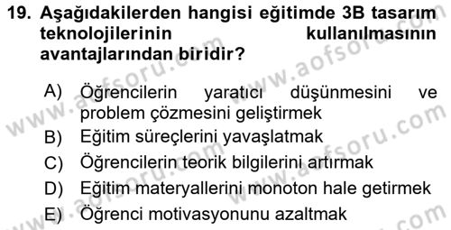 3B Tasarım ve Modelleme Dersi 2024 - 2025 Yılı Yaz Okulu Sınav Soruları 19. Soru