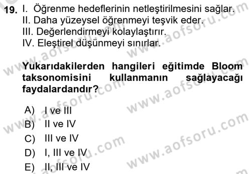 Öğretim Tasarımı Dersi 2024 - 2025 Yılı (Vize) Ara Sınav Soruları 19. Soru