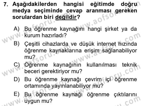 Öğretim Tasarımı Dersi 2024 - 2025 Yılı (Final) Dönem Sonu Sınav Soruları 7. Soru