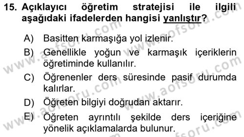 Öğretim Tasarımı Dersi 2024 - 2025 Yılı Yaz Okulu Sınav Soruları 15. Soru