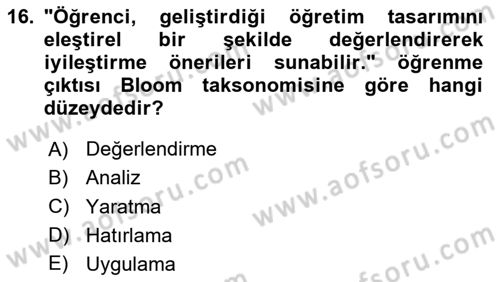 Öğretim Tasarımı Dersi 2025 - 2026 Yılı (Vize) Ara Sınav Soruları 16. Soru