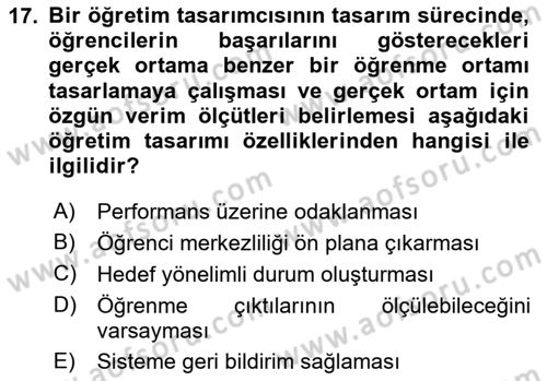 Öğretim Tasarımı Dersi 2025 - 2026 Yılı (Vize) Ara Sınav Soruları 17. Soru