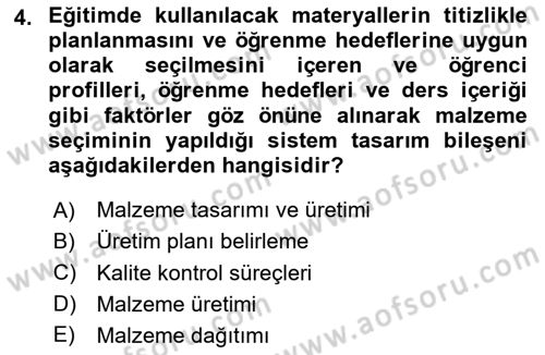 Öğretim Tasarımı Dersi 2025 - 2026 Yılı (Final) Dönem Sonu Sınav Soruları 4. Soru