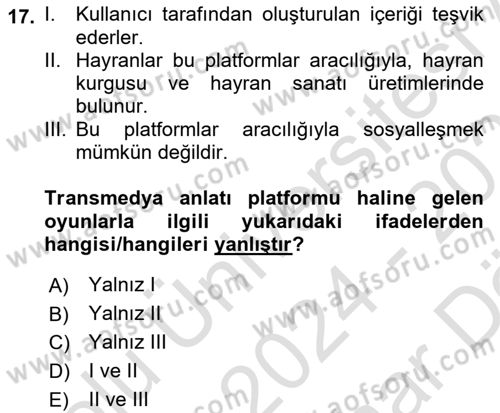 Tasarımda Sıralı Anlatım ve Öykülendirme Dersi 2024 - 2025 Yılı (Vize) Ara Sınav Soruları 17. Soru