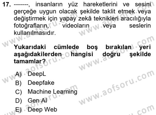 Yapay Zeka Ve Tasarım Dersi 2024 - 2025 Yılı (Final) Dönem Sonu Sınav Soruları 17. Soru