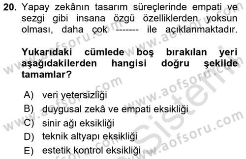 Yapay Zeka Ve Tasarım Dersi 2025 - 2026 Yılı Yaz Okulu Sınav Soruları 20. Soru