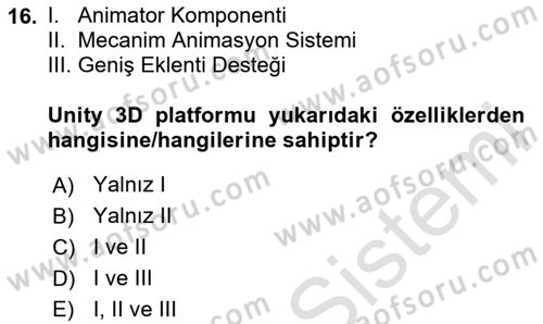 Dijital Oyun Tasarımı Dersi 2024 - 2025 Yılı (Vize) Ara Sınav Soruları 16. Soru