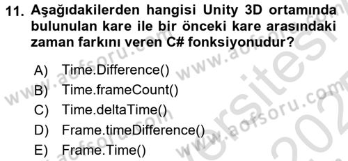 Dijital Oyun Tasarımı Dersi 2024 - 2025 Yılı Yaz Okulu Sınav Soruları 11. Soru