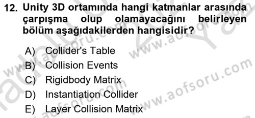 Dijital Oyun Tasarımı Dersi 2024 - 2025 Yılı Yaz Okulu Sınav Soruları 12. Soru