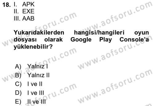 Dijital Oyun Tasarımı Dersi 2024 - 2025 Yılı Yaz Okulu Sınav Soruları 18. Soru