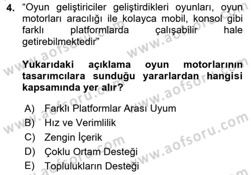 Dijital Oyun Tasarımı Dersi 2024 - 2025 Yılı Yaz Okulu Sınav Soruları 4. Soru