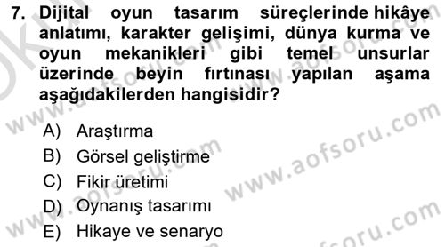 Dijital Oyun Tasarımı Dersi 2024 - 2025 Yılı Yaz Okulu Sınav Soruları 7. Soru