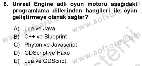Dijital Oyun Tasarımı Dersi 2025 - 2026 Yılı (Vize) Ara Sınav Soruları 6. Soru