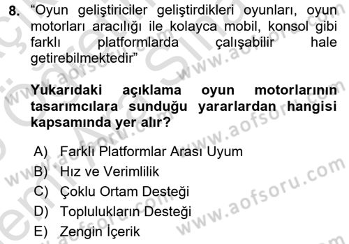 Dijital Oyun Tasarımı Dersi 2025 - 2026 Yılı (Vize) Ara Sınav Soruları 8. Soru
