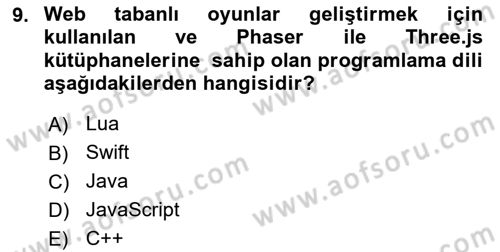 Dijital Oyun Tasarımı Dersi 2025 - 2026 Yılı (Vize) Ara Sınav Soruları 9. Soru