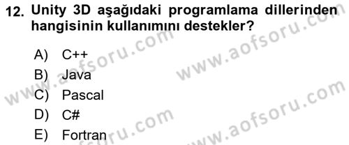 Dijital Oyun Tasarımı Dersi 2025 - 2026 Yılı Yaz Okulu Sınav Soruları 12. Soru