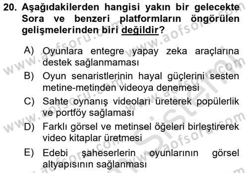 Dijital Oyun Tasarımı Dersi 2025 - 2026 Yılı Yaz Okulu Sınav Soruları 20. Soru