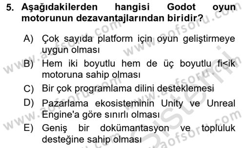 Dijital Oyun Tasarımı Dersi 2025 - 2026 Yılı Yaz Okulu Sınav Soruları 5. Soru