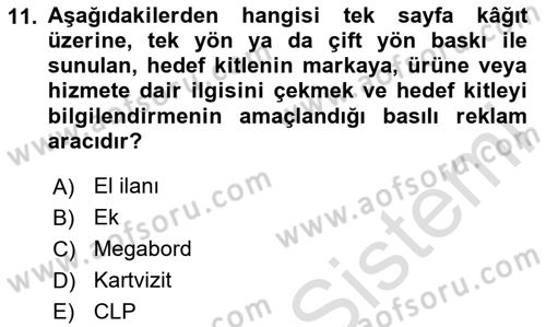 Reklam Tasarım Ve Uygulamaları Dersi 2024 - 2025 Yılı Yaz Okulu Sınav Soruları 11. Soru