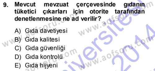 Gıda Mevzuatı ve Kalite Yönetimi Dersi Ara Sınavı Deneme Sınav Soruları 9. Soru
