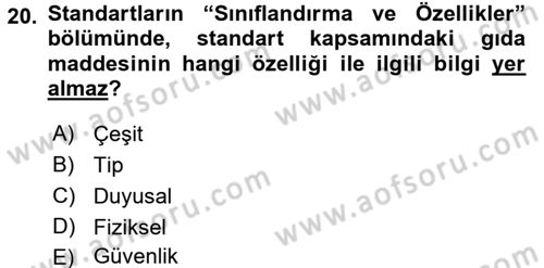 Gıda Mevzuatı ve Kalite Yönetimi Dersi Ara Sınavı Deneme Sınav Soruları 20. Soru