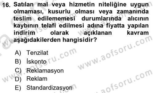 Gıda Mevzuatı ve Kalite Yönetimi Dersi 2023 - 2024 Yılı (Vize) Ara Sınav Soruları 16. Soru