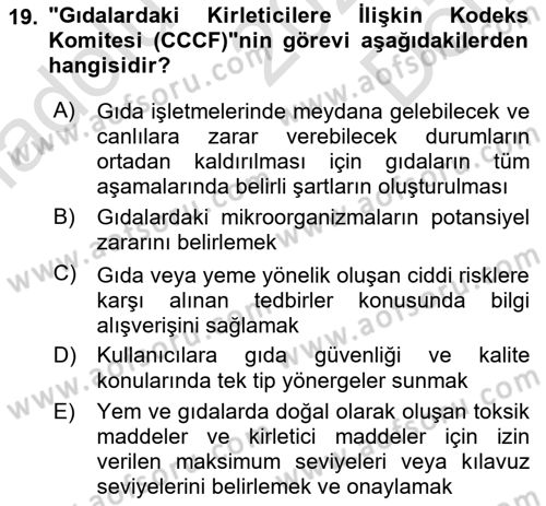 Gıda Mevzuatı ve Kalite Yönetimi Dersi 2023 - 2024 Yılı (Final) Dönem Sonu Sınavı 19. Soru