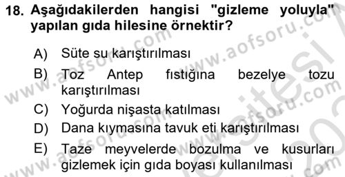 Gıda Mevzuatı ve Kalite Yönetimi Dersi 2023 - 2024 Yılı Yaz Okulu Sınav Soruları 18. Soru
