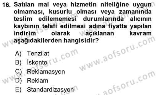 Gıda Mevzuatı ve Kalite Yönetimi Dersi 2024 - 2025 Yılı (Vize) Ara Sınav Soruları 16. Soru