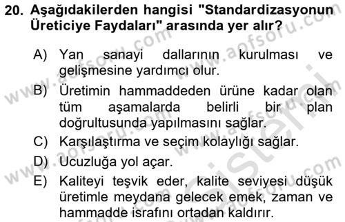 Gıda Mevzuatı ve Kalite Yönetimi Dersi 2024 - 2025 Yılı (Vize) Ara Sınav Soruları 20. Soru
