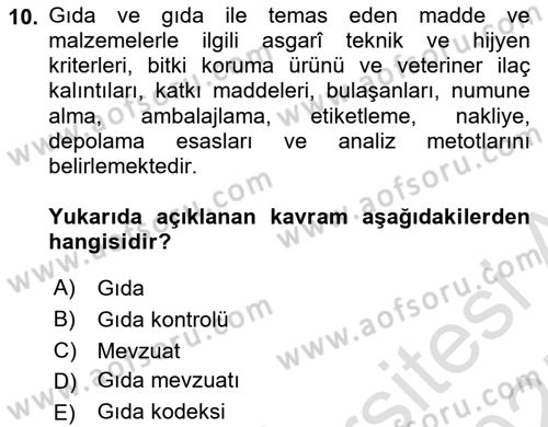 Gıda Mevzuatı ve Kalite Yönetimi Dersi 2024 - 2025 Yılı (Final) Dönem Sonu Sınav Soruları 10. Soru