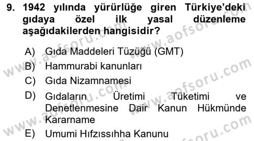 Gıda Mevzuatı ve Kalite Yönetimi Dersi 2024 - 2025 Yılı (Final) Dönem Sonu Sınav Soruları 9. Soru