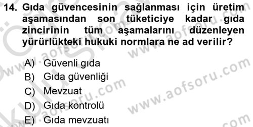 Gıda Mevzuatı ve Kalite Yönetimi Dersi 2024 - 2025 Yılı Yaz Okulu Sınav Soruları 14. Soru