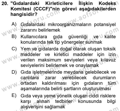 Gıda Mevzuatı ve Kalite Yönetimi Dersi 2024 - 2025 Yılı Yaz Okulu Sınav Soruları 20. Soru