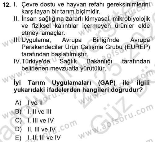 Gıda Mevzuatı ve Kalite Yönetimi Dersi 2025 - 2026 Yılı (Vize) Ara Sınav Soruları 12. Soru