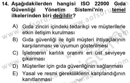 Gıda Mevzuatı ve Kalite Yönetimi Dersi 2025 - 2026 Yılı (Vize) Ara Sınav Soruları 14. Soru