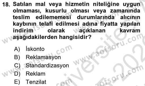 Gıda Mevzuatı ve Kalite Yönetimi Dersi 2025 - 2026 Yılı (Vize) Ara Sınav Soruları 18. Soru