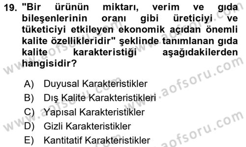 Gıda Mevzuatı ve Kalite Yönetimi Dersi 2025 - 2026 Yılı (Vize) Ara Sınav Soruları 19. Soru