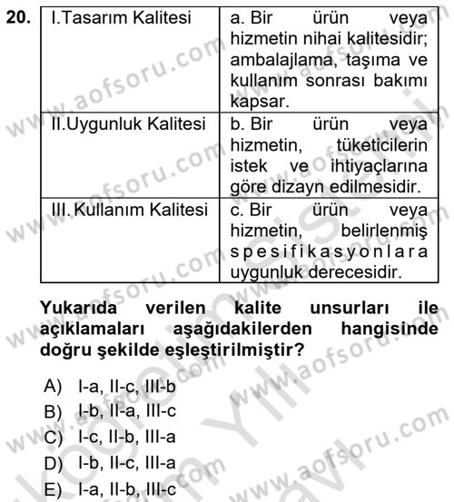 Gıda Mevzuatı ve Kalite Yönetimi Dersi 2025 - 2026 Yılı (Vize) Ara Sınav Soruları 20. Soru