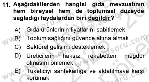 Gıda Mevzuatı ve Kalite Yönetimi Dersi 2025 - 2026 Yılı (Final) Dönem Sonu Sınav Soruları 11. Soru