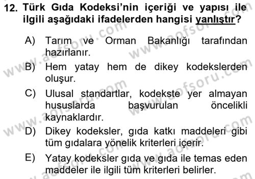 Gıda Mevzuatı ve Kalite Yönetimi Dersi 2025 - 2026 Yılı (Final) Dönem Sonu Sınav Soruları 12. Soru