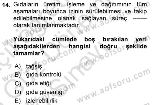 Gıda Mevzuatı ve Kalite Yönetimi Dersi 2025 - 2026 Yılı (Final) Dönem Sonu Sınav Soruları 14. Soru