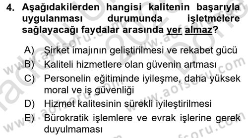Gıda Mevzuatı ve Kalite Yönetimi Dersi 2025 - 2026 Yılı (Final) Dönem Sonu Sınav Soruları 4. Soru