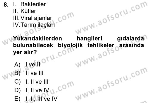 Gıda Mevzuatı ve Kalite Yönetimi Dersi 2025 - 2026 Yılı (Final) Dönem Sonu Sınav Soruları 8. Soru