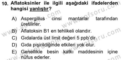 Besin Güvenliği ve Hijyen Dersi 2016 - 2017 Yılı (Vize) Ara Sınav Soruları 10. Soru