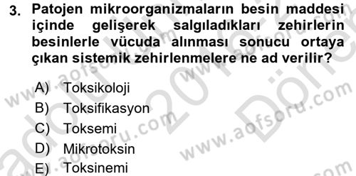 Besin Güvenliği ve Hijyen Dersi 2016 - 2017 Yılı (Final) Dönem Sonu Sınav Soruları 3. Soru