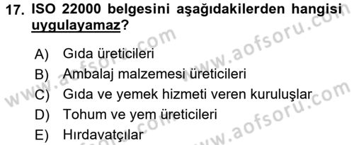 Besin Güvenliği ve Hijyen Dersi 2017 - 2018 Yılı 3 Ders Sınav Soruları 17. Soru