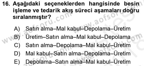 Besin Güvenliği ve Hijyen Dersi 2017 - 2018 Yılı (Final) Dönem Sonu Sınav Soruları 16. Soru