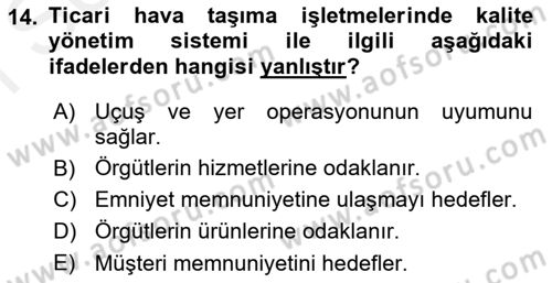 Hava Taşımacılığı Dersi 2017 - 2018 Yılı (Final) Dönem Sonu Sınav Soruları 14. Soru